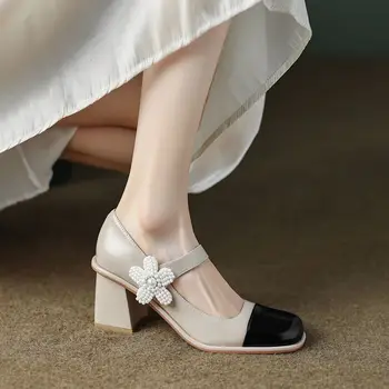Francúzsky Mary Jane topánky dámske topánky 2023 lete nové silné päty námestie hlavu paletu farieb, jeden slovo pracky vysoké podpätky malá lea