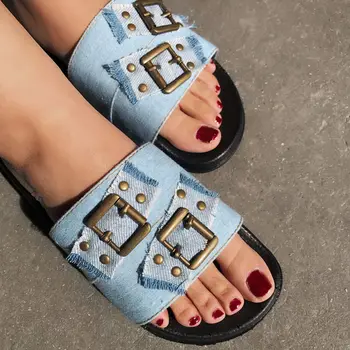 Gombíky Kovové pracky denim papuče ženy sandále veľké veľkosti 36-41 nity listov flip flops zvýšenej letné džínsy topánky žena 2021