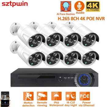 H. 265+ 8CH 4K 8MP POE SecurityCamera Systém Stavebnice Audio Záznam Rj45 Detekcia Tváre IP Kamera IR Vonkajšie Nepremokavé CCTV Video