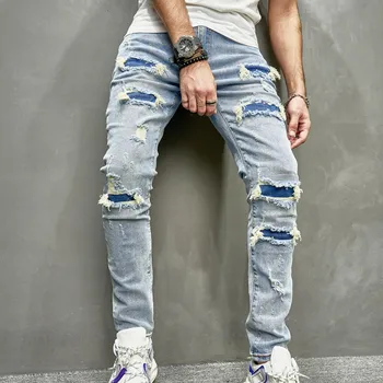 High Street Trend Roztrhlo Slim Džínsy Mid-Elastický Pás Stick Handričkou Stroj Auto Nohavice Hip Hop Žobrák Oblečenie