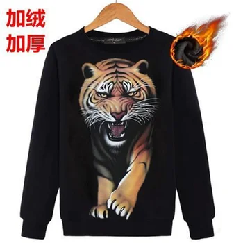 Jeseň/zima lev tlač mužov plus velvet čalúnená kolo krku top 3D zvierat tiger vzor dlhým rukávom plus veľkosť oblečenie