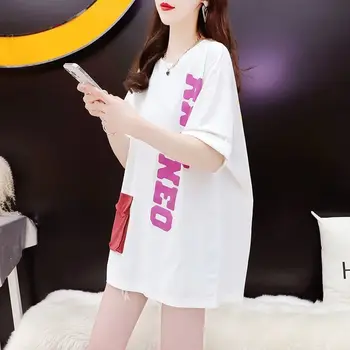 Letné príčinné voľné čistej bavlny y2k top biele tričko kórejský krátky rukáv vrecku list vytlačiť t košele ženy harajuku streetwear