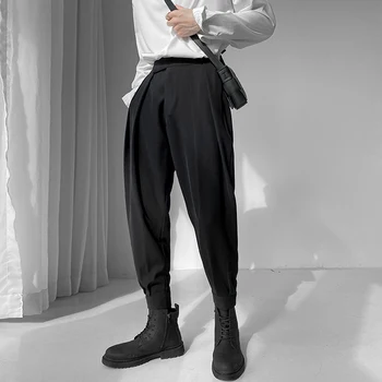 Luxusné Pánske Módne Hárem Nohavice Drappy Skladaný Nohavice Čierne Biele Elastické Pás Zúžený Bežné Nohavice Muž Streetwear Oblečenie