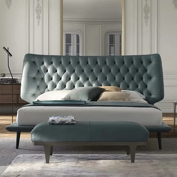 Minimalistický luxusná kožená posteľ spálňa 1.8 m dvojité svadobné lôžko Moderný minimalistický model designer kožené postele