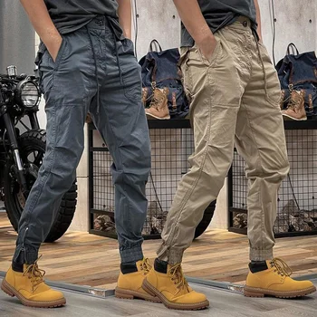 Muži Cargo Nohavice jednofarebné Multi Vrecká Voľné Streetwear Členok Zväzkovú Elastický Pás Muž Šnúrkou pre Pracovné Nohavice