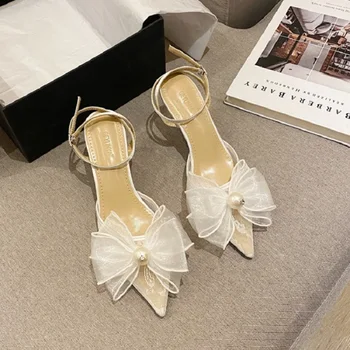 Na jar a v lete nové biele čipky svadobné svadobné topánky oka luk namieril sandále bodce šaty denné all-zápas topánky dámske