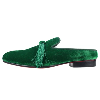 Nové Módne handmade na Vysokej Hore Mužov papuče velvet mužov obuv pre Voľný čas papuče Zelená Fringe Tkaných Papuče Mužov