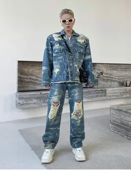 POP Pánsku 2023 Nový Štýl Ťažké Remeslo Umývanie Zničiť Denim Jacket Jeans Mužov Osobnosti Trend Vyprážané Ulici Voľný Oblek