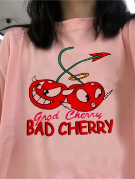 Roztomilé ružové tričko dámske letné módy voľné o-neck top zábavnej Komiksu Zlé Cherry tlač ulzzang Harajuku Kawai bežné T-shirt