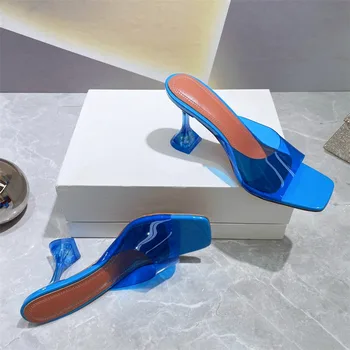 Sklo Krištáľ Päty Lady Vysoké podpätky papuče štvorcové prst PVC transparentné sandále fashion party papuče