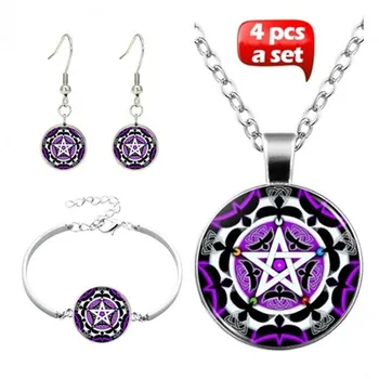 Voodo Magic Pentagram Sklo Náhrdelník a Náušnice a náramok nastaviť (spolu 4 kusy) dámske šperky