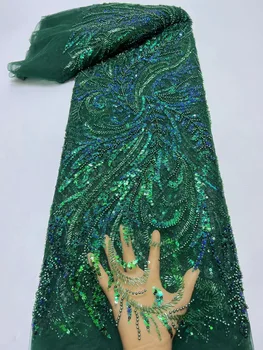 Zelená Francúzsky Ručné Flitrami Pearl Tylu Čipky Tkaniny Vysokej Kvality Nigérijský Luxusné Korálkové Čipky Textílie Na Svadby Denné Šaty